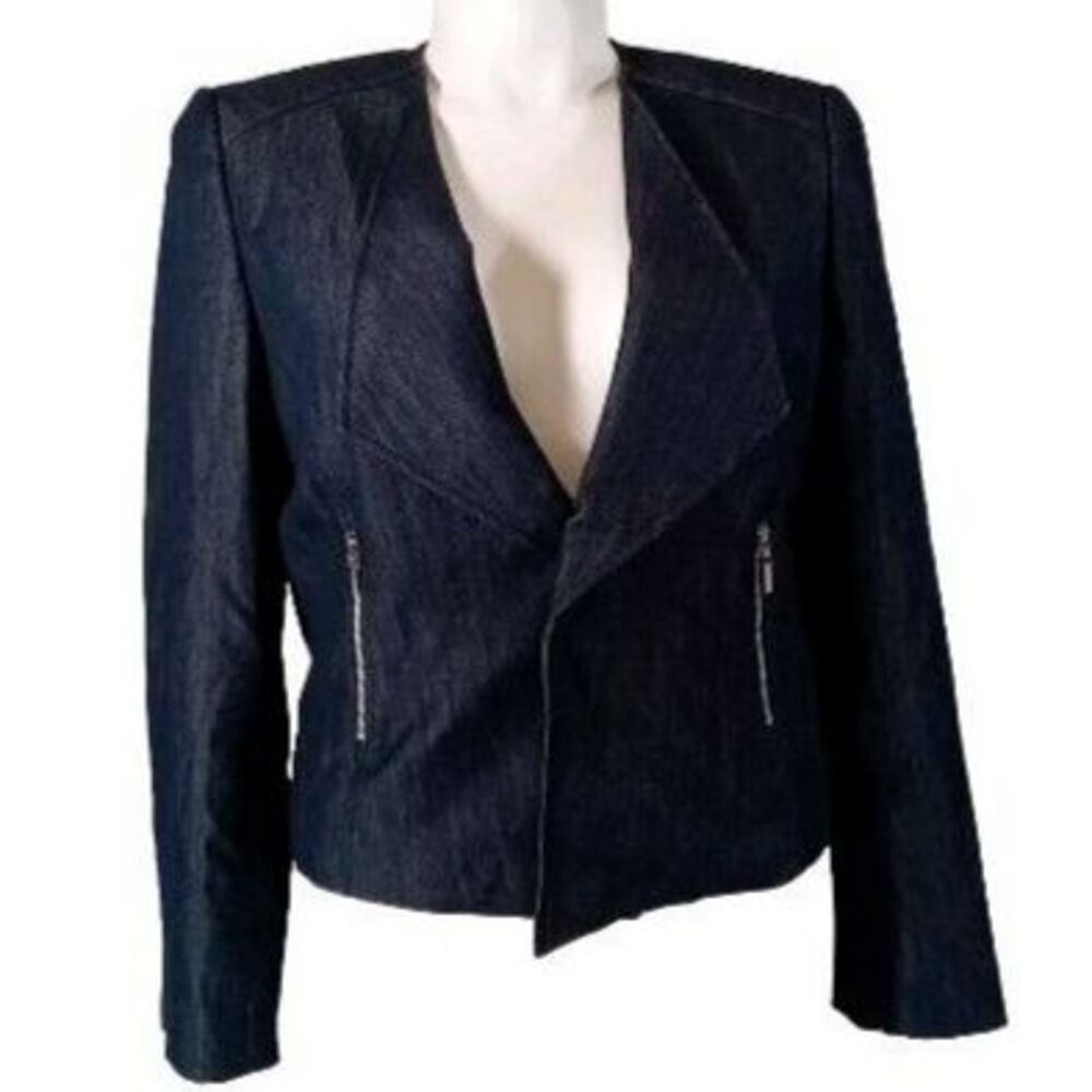 NWT Tahari Jacket 16 Blue Chambray Hook Eye Closure Zipper Pocket Cropped Modern